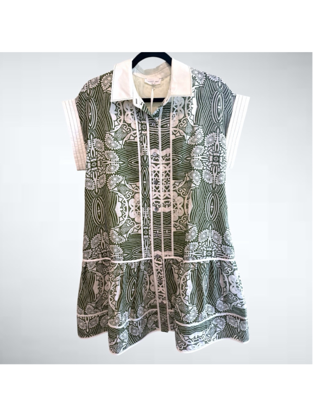 Entro Boho Geometric Print Mini Dress in Olive/Cream Size S